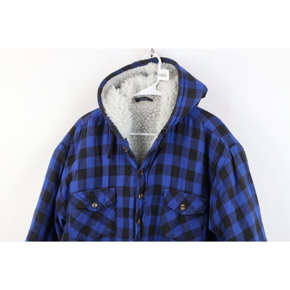 Vtg 90s Streetwear Mens XL Deep Pile Fleece Lined Hooded Flannel Shirt Jacket - Picture 2 of 16